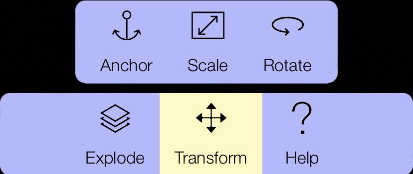 A screen with two purple blocks containing symbols and words. Across the top is listed Anchor, Scale, Rotate. The bottom block contains Explode, Transform, Help.